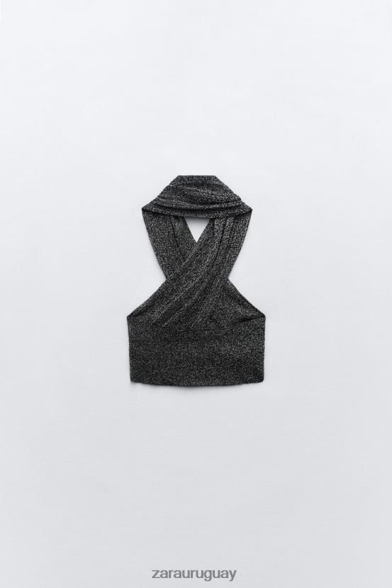 Zara top tejido cruzado con hilo metalizado mujer H6RHL2262 negro ropa