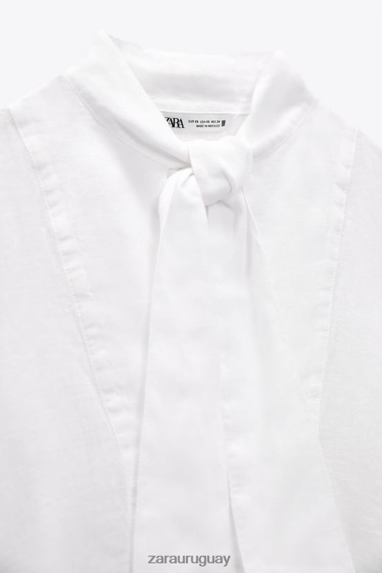 Zara Camisa lazo 100% lino mujer H6RHL2457 blanco ropa