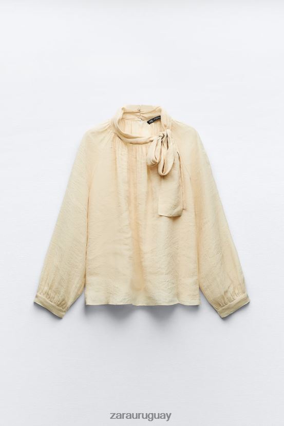 Zara blusa con cuello anudado mujer H6RHL2455 beige ropa
