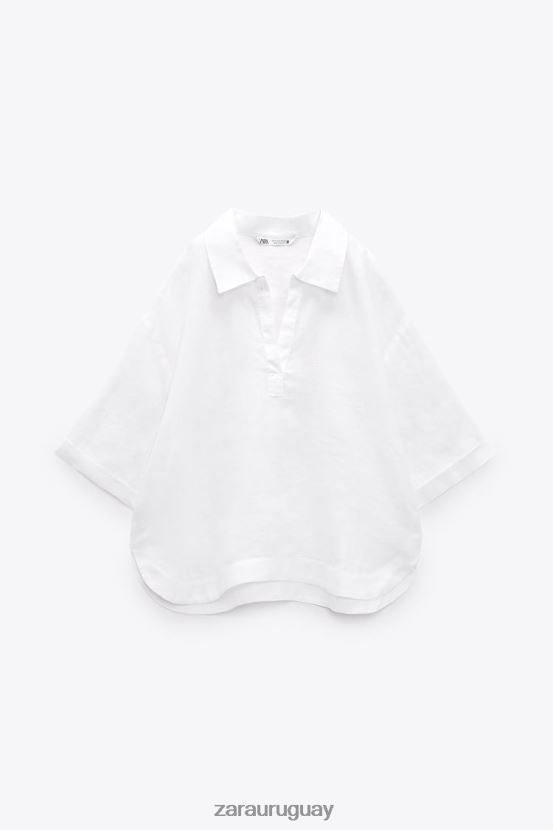 Zara blusa de lino con cuello tipo polo mujer H6RHL2346 ostra blanca ropa