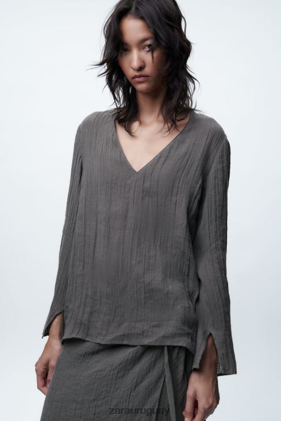 Zara blusa de lino mujer H6RHL2429 gris ropa