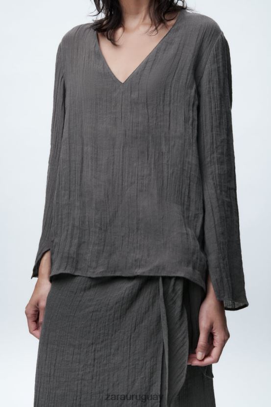 Zara blusa de lino mujer H6RHL2429 gris ropa