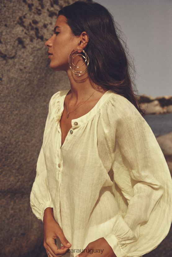 Zara blusa globo de ramio mujer H6RHL2410 amarillo ropa