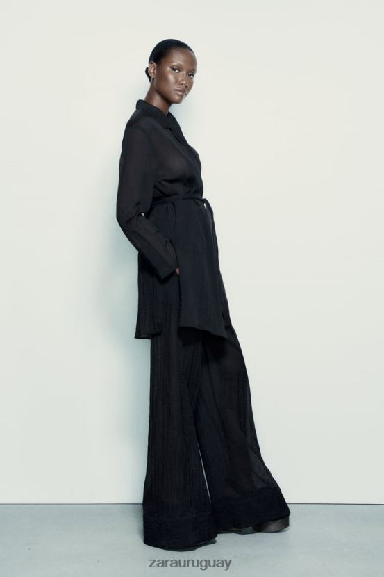 Zara blusa minimalista con cinturón mujer H6RHL2370 negro ropa