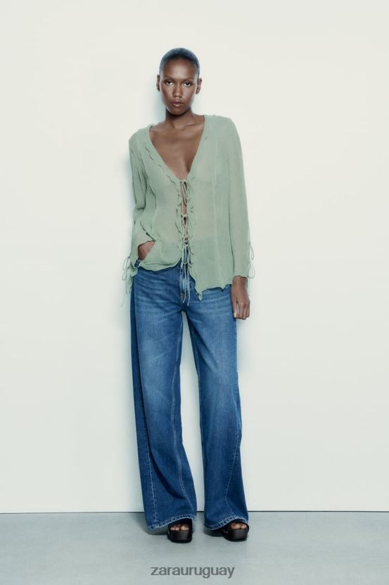 Zara blusa semitransparente con volantes mujer H6RHL2376 Mar verde ropa