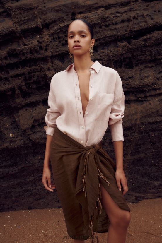 Zara camisa 100% lino mujer H6RHL2365 beige/rosa ropa