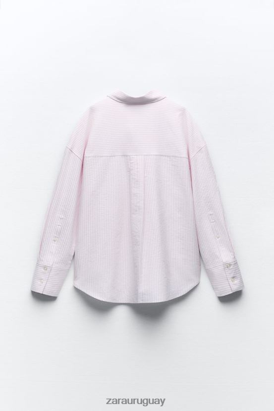 Zara camisa Oxford en mezcla de algodón mujer H6RHL2353 rosa/blanco ropa