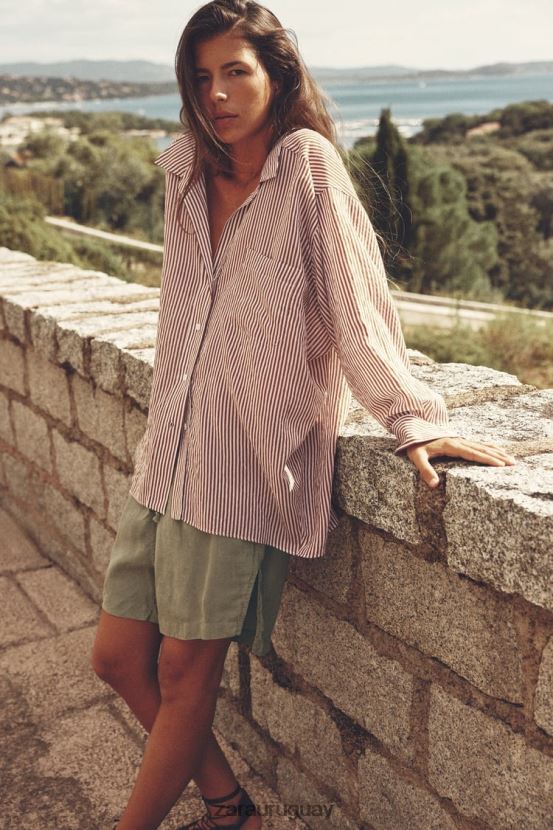 Zara camisa a rayas de gran tamaño mujer H6RHL2322 beige/marrón ropa