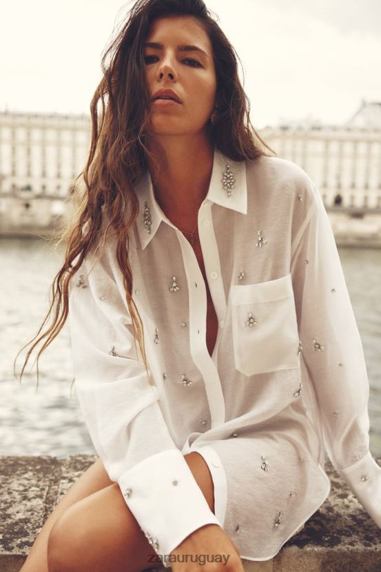 Zara camisa con bordado de joyas mujer H6RHL2307 ostra blanca ropa