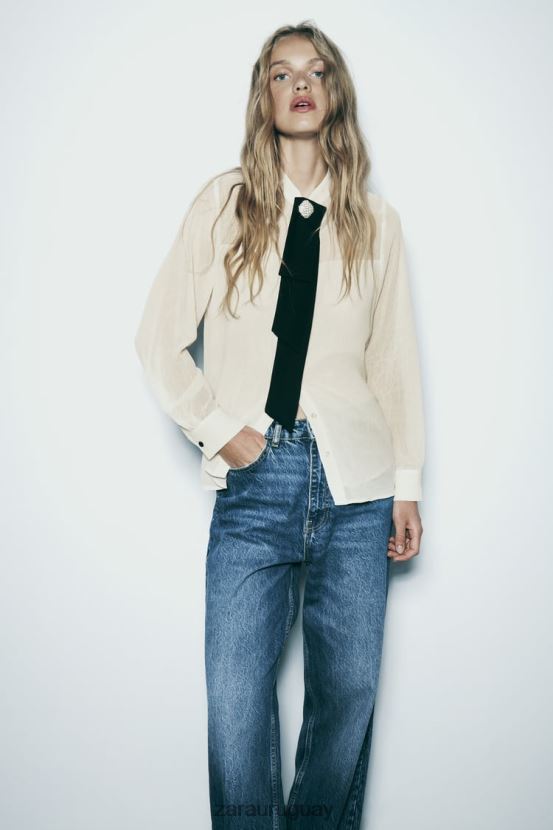 Zara camisa con corbata y aspecto arrugado mujer H6RHL2293 crudo ropa