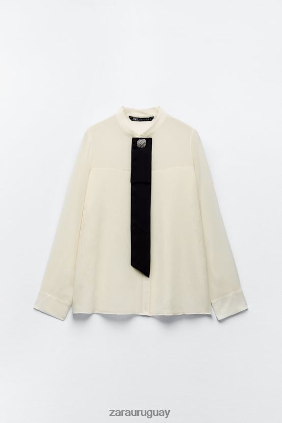 Zara camisa con corbata y aspecto arrugado mujer H6RHL2293 crudo ropa