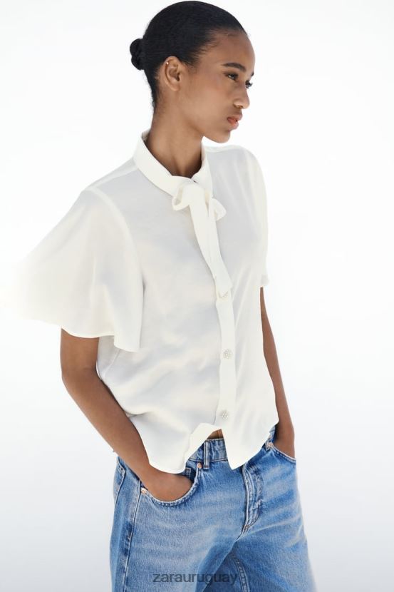 Zara camisa con cuello con lazo y botones de perlas mujer H6RHL2381 crudo ropa