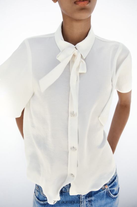 Zara camisa con cuello con lazo y botones de perlas mujer H6RHL2381 crudo ropa