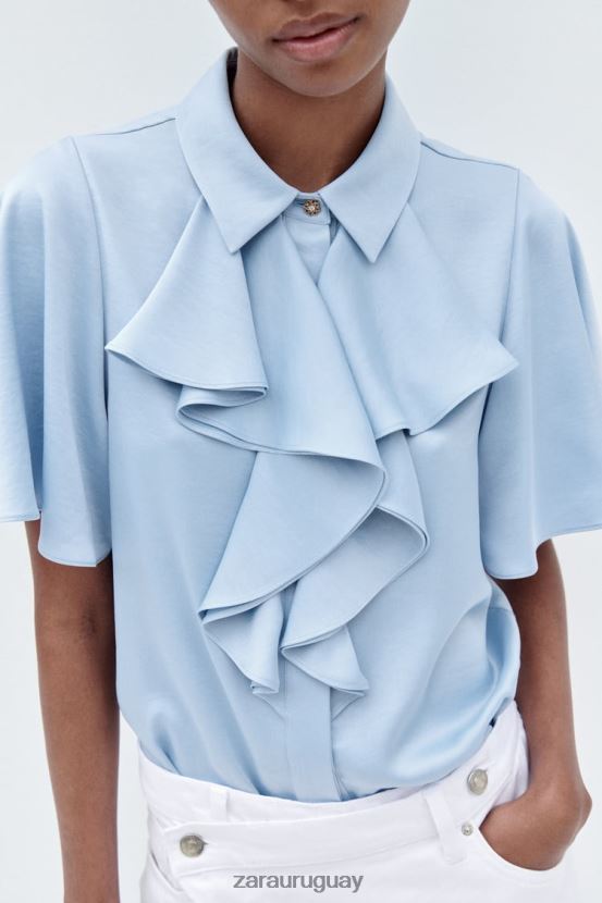 Zara camisa con efecto satinado y volantes mujer H6RHL2358 azul claro ropa
