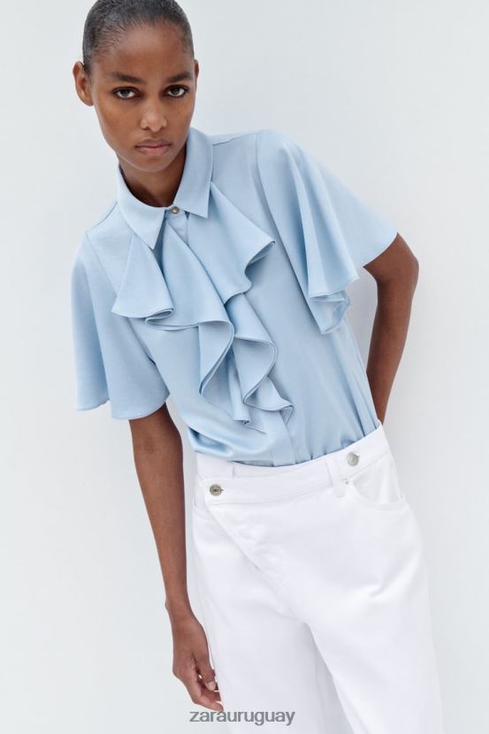Zara camisa con efecto satinado y volantes mujer H6RHL2358 azul claro ropa