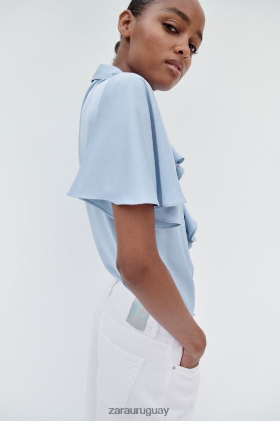 Zara camisa con efecto satinado y volantes mujer H6RHL2358 azul claro ropa