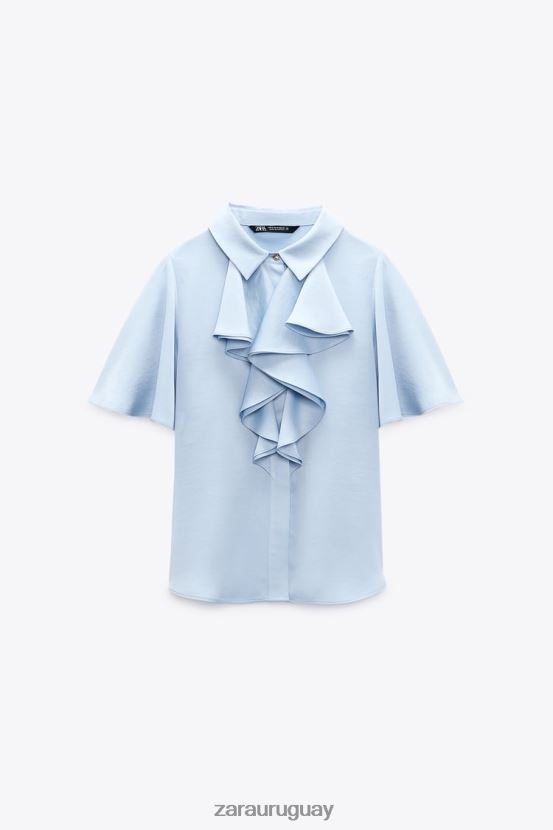 Zara camisa con efecto satinado y volantes mujer H6RHL2358 azul claro ropa