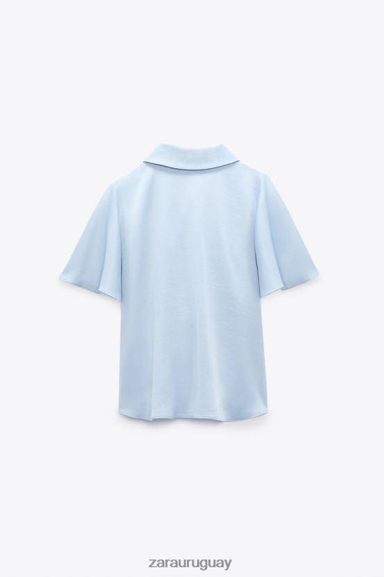 Zara camisa con efecto satinado y volantes mujer H6RHL2358 azul claro ropa