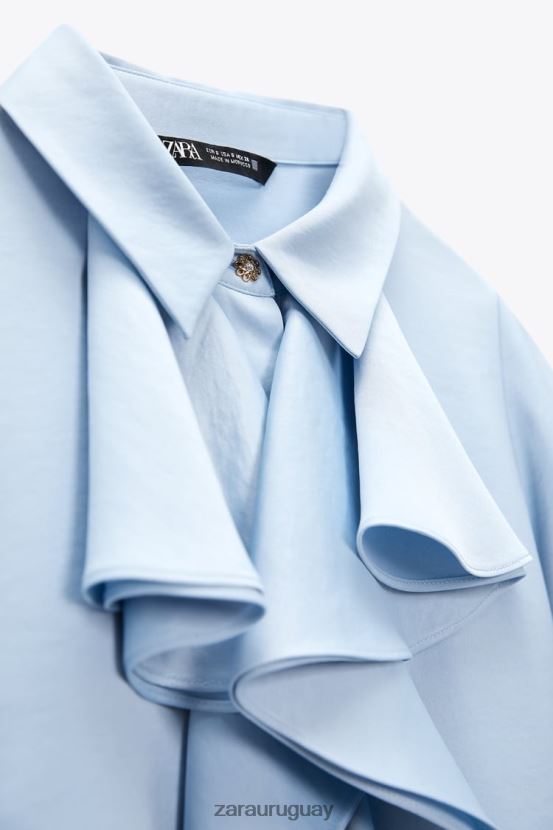 Zara camisa con efecto satinado y volantes mujer H6RHL2358 azul claro ropa