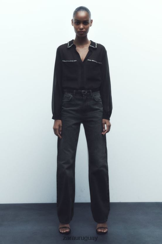 Zara camisa con textura combinada mujer H6RHL2326 negro ropa