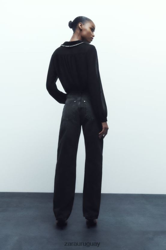 Zara camisa con textura combinada mujer H6RHL2326 negro ropa