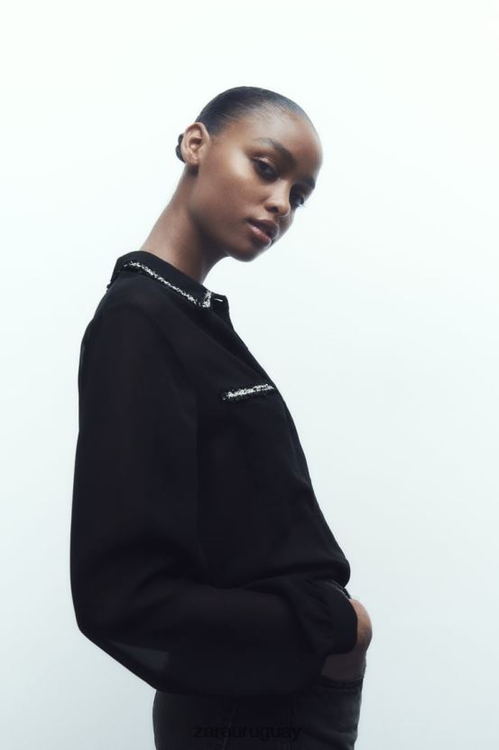 Zara camisa con textura combinada mujer H6RHL2326 negro ropa