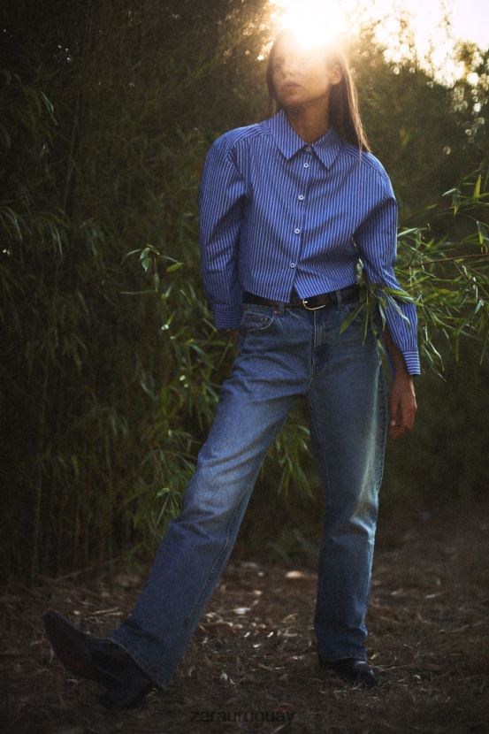 Zara camisa corta a rayas mujer H6RHL2288 azul blanco ropa