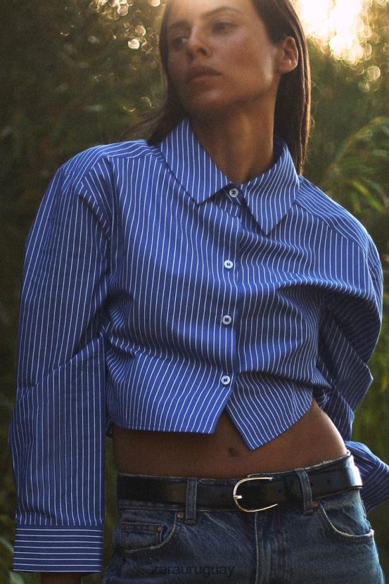 Zara camisa corta a rayas mujer H6RHL2288 azul blanco ropa
