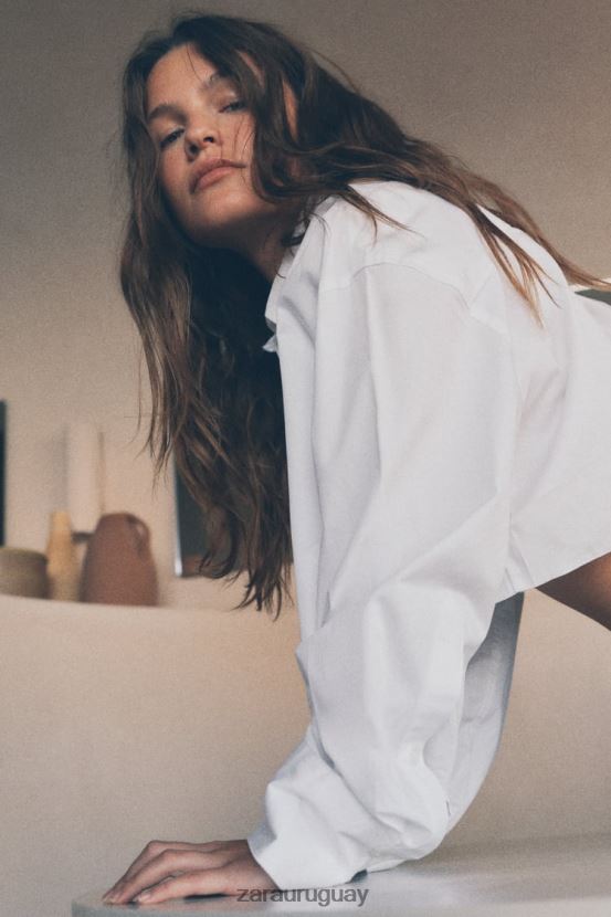 Zara camisa corta de gabardina mujer H6RHL2315 blanco ropa