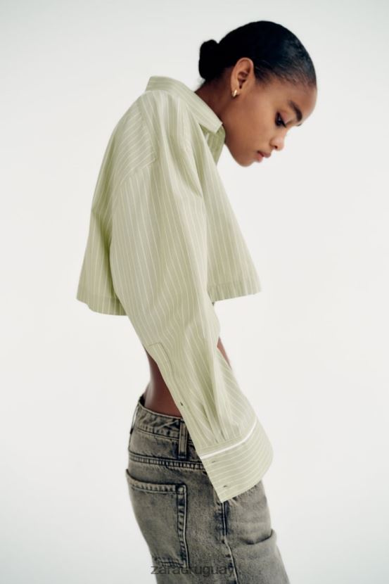 Zara camisa corta de popelina a rayas mujer H6RHL2439 verde claro ropa