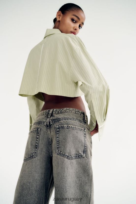 Zara camisa corta de popelina a rayas mujer H6RHL2439 verde claro ropa