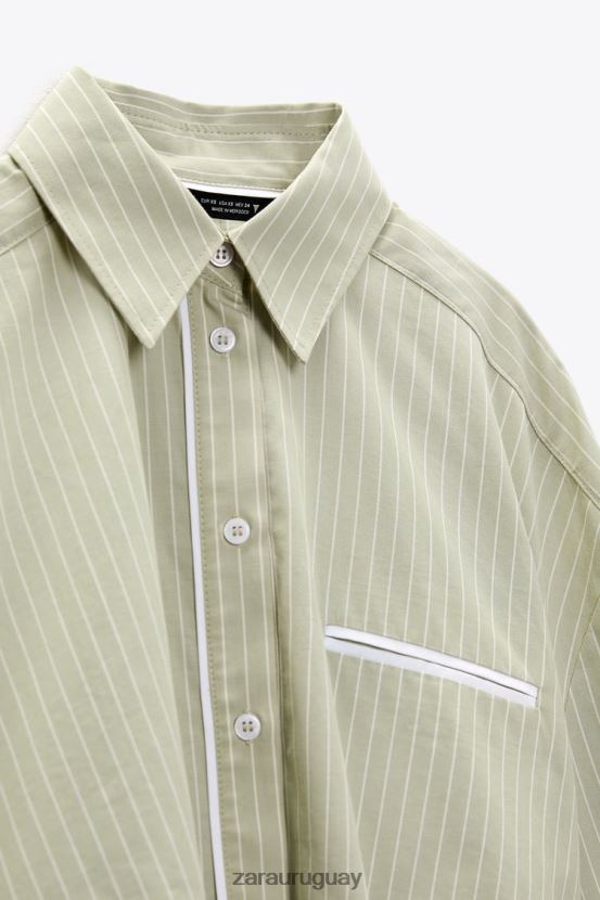 Zara camisa corta de popelina a rayas mujer H6RHL2439 verde claro ropa