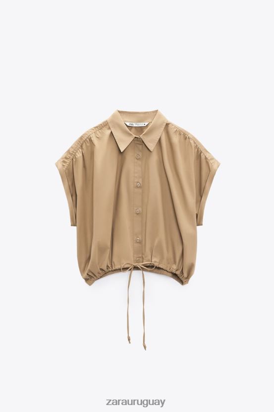 Zara camisa corta de popelina mujer H6RHL2392 marrón topo ropa