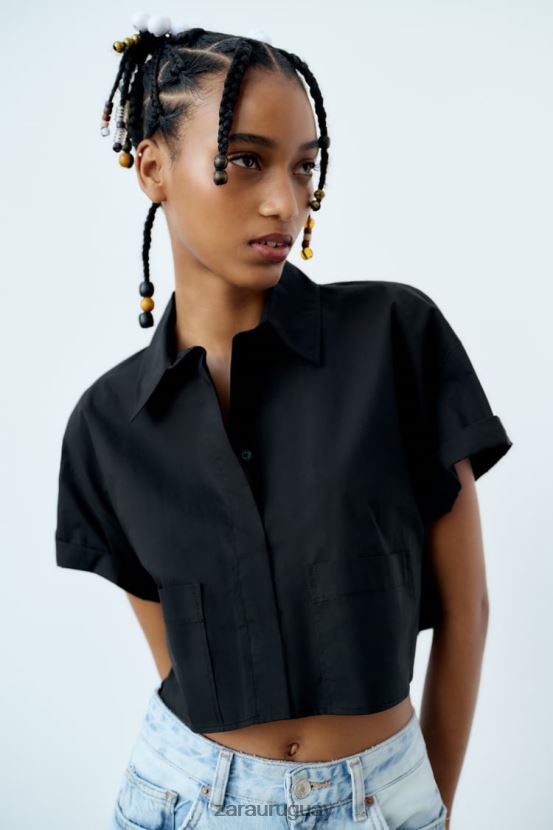 Zara camisa corta de popelina mujer H6RHL2415 negro ropa