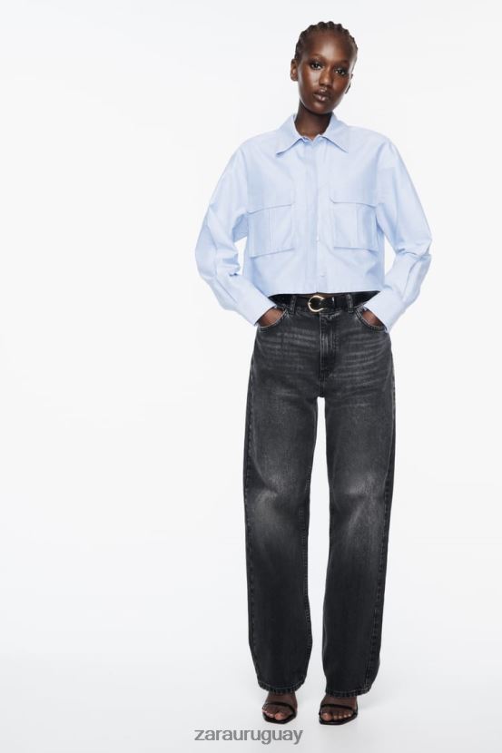 Zara camisa corta tipo oxford mujer H6RHL2352 azul blanco ropa