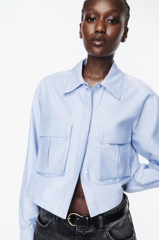 Zara camisa corta tipo oxford mujer H6RHL2352 azul blanco ropa