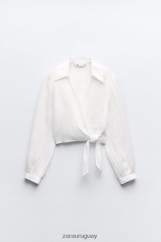 Zara camisa de lino atada mujer H6RHL2363 blanco ropa