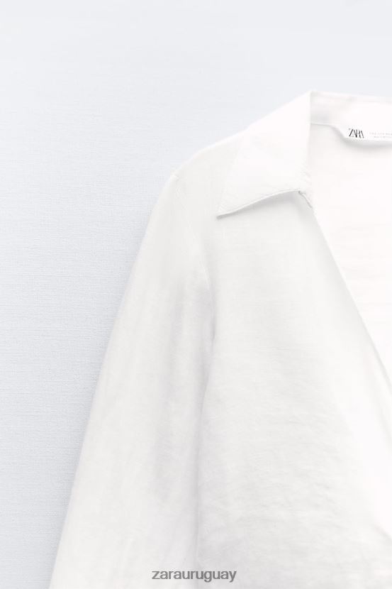 Zara camisa de lino atada mujer H6RHL2363 blanco ropa
