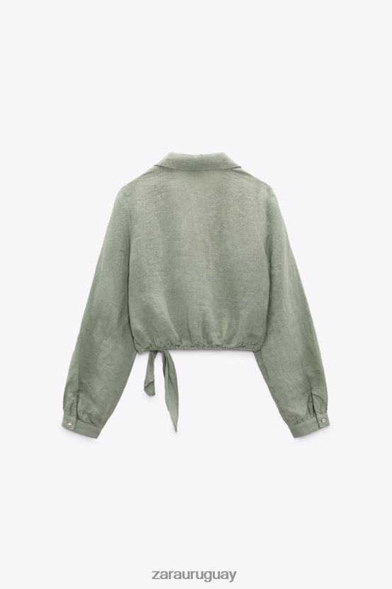 Zara camisa de lino atada mujer H6RHL2387 caqui claro ropa