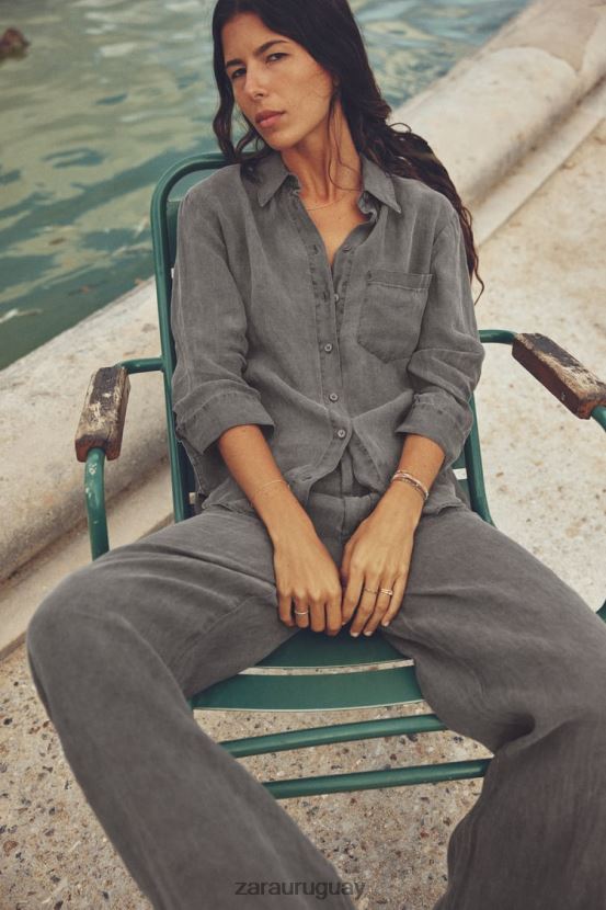 Zara camisa de lino con bolsillos mujer H6RHL2350 gris ropa