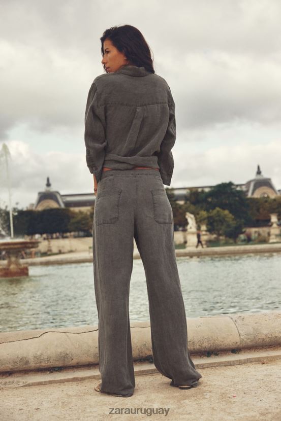 Zara camisa de lino con bolsillos mujer H6RHL2350 gris ropa