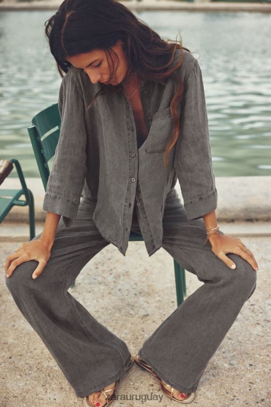 Zara camisa de lino con bolsillos mujer H6RHL2350 gris ropa