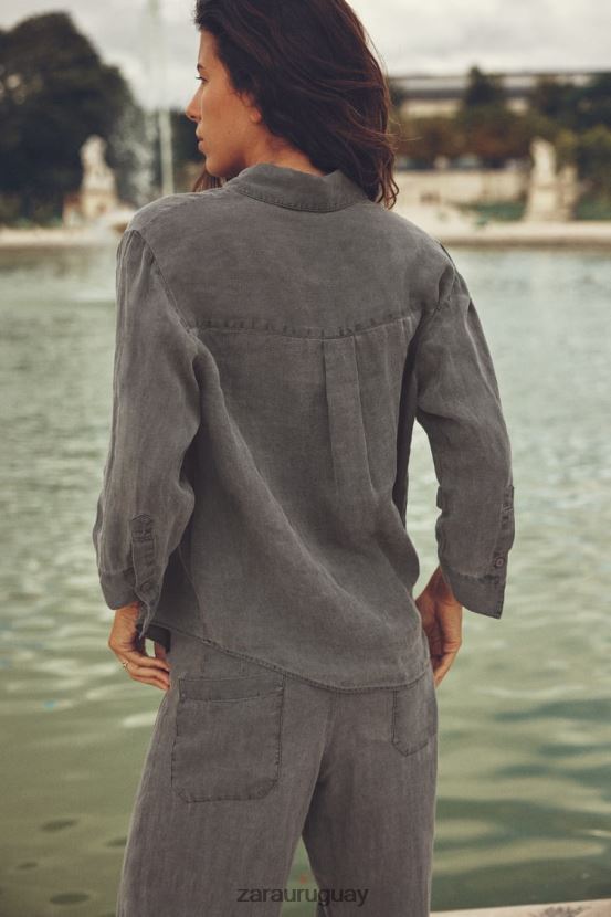 Zara camisa de lino con bolsillos mujer H6RHL2350 gris ropa