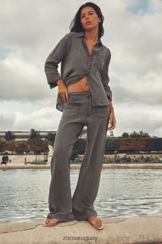 Zara camisa de lino con bolsillos mujer H6RHL2350 gris ropa