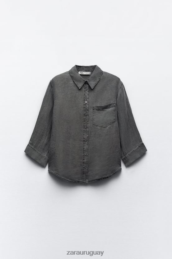 Zara camisa de lino con bolsillos mujer H6RHL2350 gris ropa