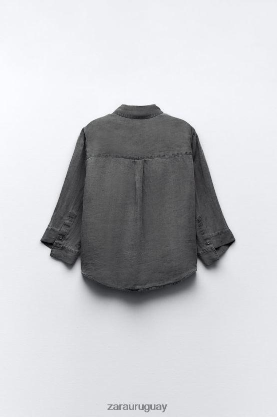 Zara camisa de lino con bolsillos mujer H6RHL2350 gris ropa