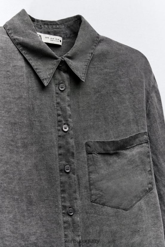 Zara camisa de lino con bolsillos mujer H6RHL2350 gris ropa