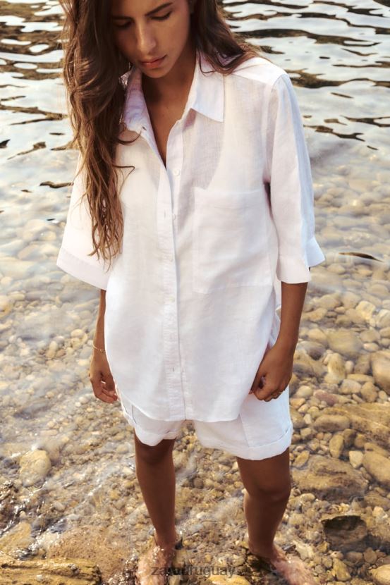 Zara camisa de lino con bolsillos mujer H6RHL2377 ostra blanca ropa