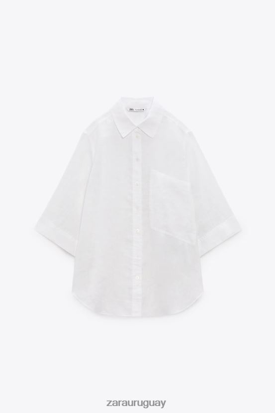 Zara camisa de lino con bolsillos mujer H6RHL2377 ostra blanca ropa