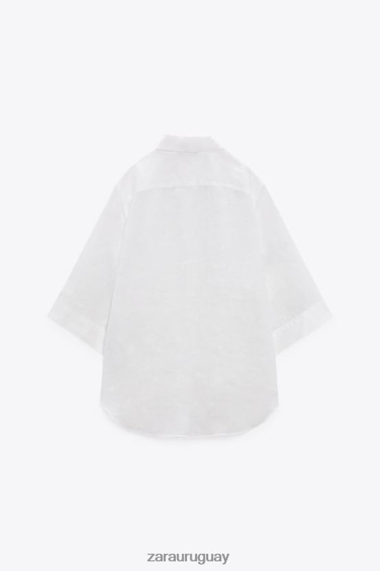 Zara camisa de lino con bolsillos mujer H6RHL2377 ostra blanca ropa